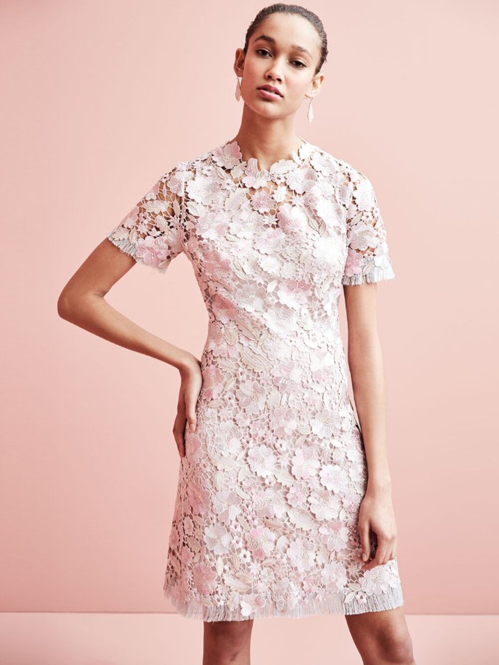 ELIE TAHARI Laura Metallic Pink Purple Guipere Lace Mini Shift Dress, Size 14